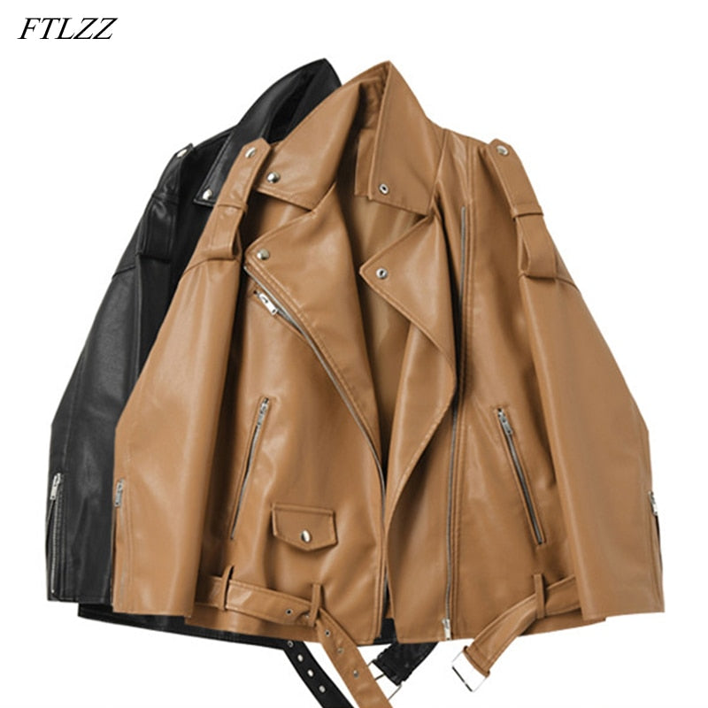 FTLZZ Spring Autumn Faux Leather Jackets Women Loose Casual Coat Female Drop-shoulder Motorcycles Locomotive Outwear With Belt - DreamWeaversStore