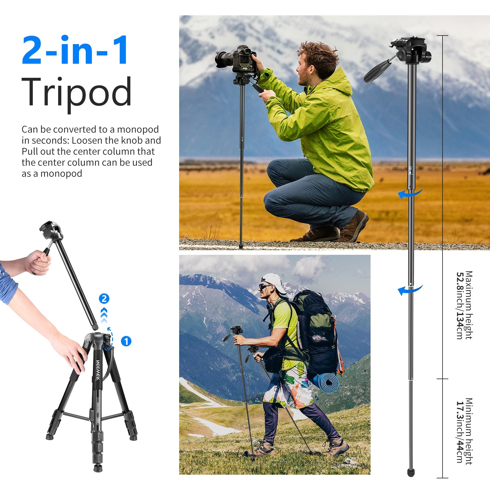 Neewer Camera Tripod Monopod Aluminum Alloy with 3-Way Swivel Pan Head Carrying Bag for Sony/Canon Portable 70 inches/177 cm - DreamWeaversStore