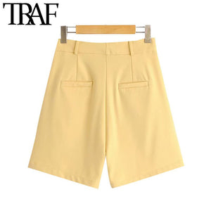 TRAF Women Chic Fashion Office Wear Side Pockets Straight Shorts Vintage High Waist Zipper Fly Female Short Pants Mujer - DreamWeaversStore