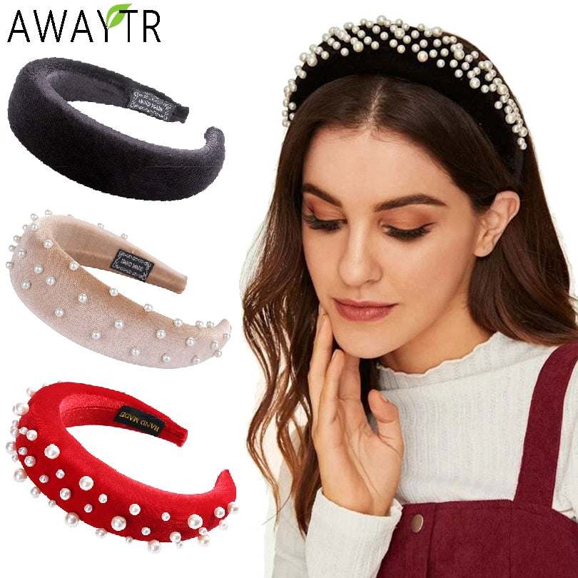 Velvet Padded Headbands for Women 4cm Wide Solid Rhinestones Thick Hair Hoop Girls Sponge Non-slip Hairbands Hair Accessories - DreamWeaversStore