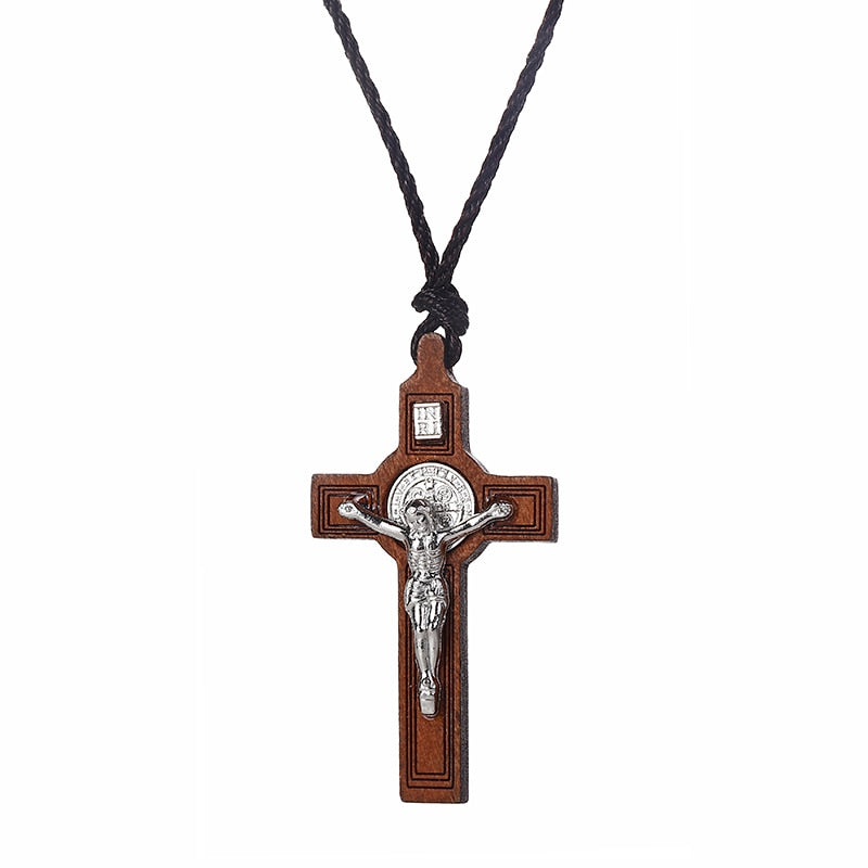 Religious INRI Crucifix Necklace for Men Women's Catholic Small Wooden Cross Necklace Pendant Jewelry Rope Chains Collier 60CM - DreamWeaversStore