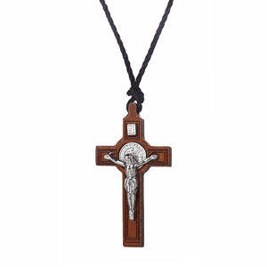 Religious INRI Crucifix Necklace for Men Women's Catholic Small Wooden Cross Necklace Pendant Jewelry Rope Chains Collier 60CM - DreamWeaversStore