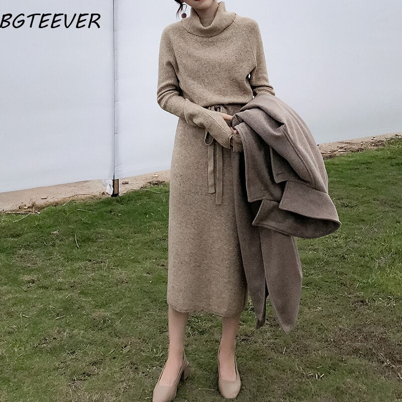 Winter Thicken Turtleneck Sweater Dress Women Lace Up Knitted Long Dress Female Knitwear Soft Vestidos 2021 high quality - DreamWeaversStore