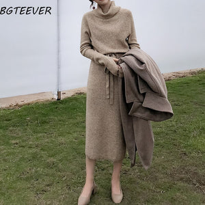 Winter Thicken Turtleneck Sweater Dress Women Lace Up Knitted Long Dress Female Knitwear Soft Vestidos 2021 high quality - DreamWeaversStore