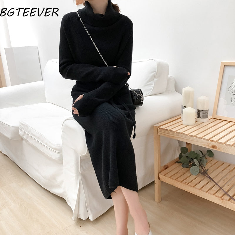 Winter Thicken Turtleneck Sweater Dress Women Lace Up Knitted Long Dress Female Knitwear Soft Vestidos 2021 high quality - DreamWeaversStore