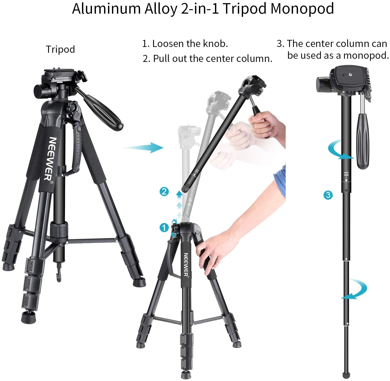 Neewer Camera Tripod Monopod Aluminum Alloy with 3-Way Swivel Pan Head Carrying Bag for Sony/Canon Portable 70 inches/177 cm - DreamWeaversStore