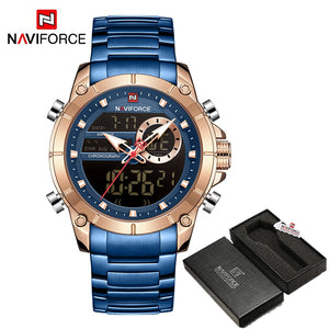 NAVIFORCE Men Military Sport Wrist Watch Gold Quartz Steel Waterproof Dual Display Male Clock Watches Relogio Masculino 9163 - DreamWeaversStore