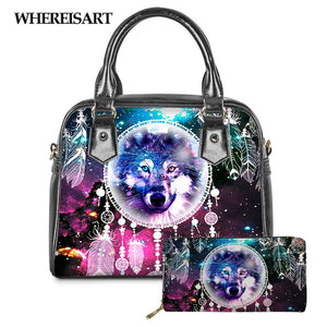 WHEREISART 2PCS Wolf Night Prints Women Shoulder/Messenger/Hand Bag Ladies Daily Top-handle Bag Tote Bag with Long Purse - DreamWeaversStore