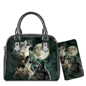 WHEREISART 2PCS Wolf Night Prints Women Shoulder/Messenger/Hand Bag Ladies Daily Top-handle Bag Tote Bag with Long Purse - DreamWeaversStore