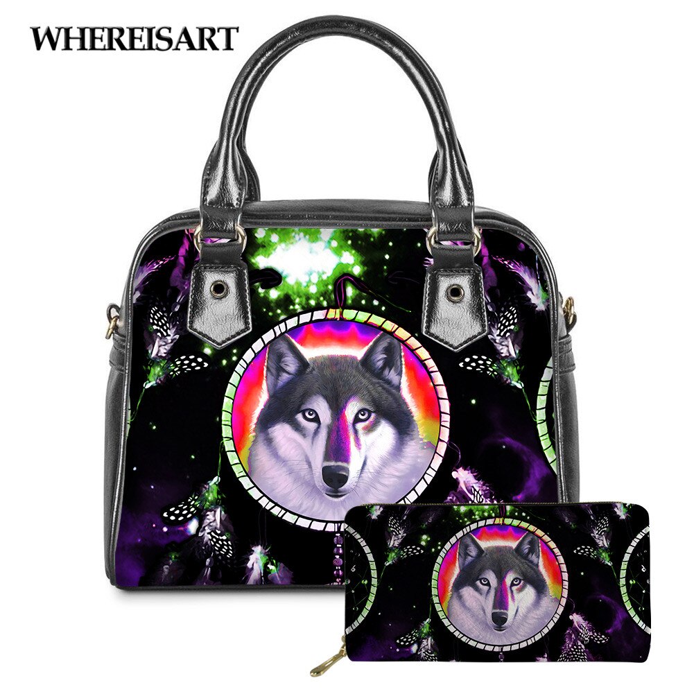 WHEREISART 2PCS Wolf Night Prints Women Shoulder/Messenger/Hand Bag Ladies Daily Top-handle Bag Tote Bag with Long Purse - DreamWeaversStore