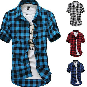 Mens Check Shirt Flannel Brushed Cotton Short Sleeves Casual Slim Fit Top Plus Size - DreamWeaversStore