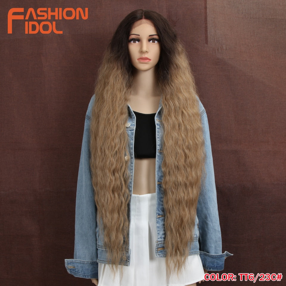 FASHION IDOL 42&quot; Loose Wave Fake Hair Synthetic Wigs For Black Women Ombre Blonde Water Wavy Long Curly Hair Lace Wig Cosplay - DreamWeaversStore