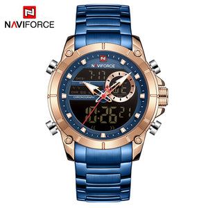 NAVIFORCE Men Military Sport Wrist Watch Gold Quartz Steel Waterproof Dual Display Male Clock Watches Relogio Masculino 9163 - DreamWeaversStore