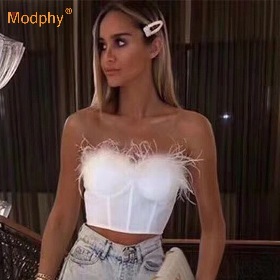 2021 New Summer High Quality Fashion Feather Strapless Black And White Bandage Top Night Club Short Top - DreamWeaversStore