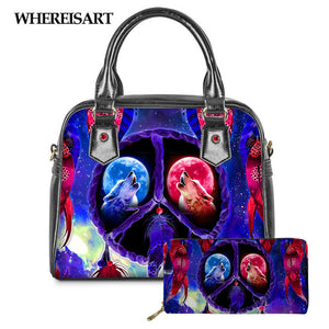 WHEREISART 2PCS Wolf Night Prints Women Shoulder/Messenger/Hand Bag Ladies Daily Top-handle Bag Tote Bag with Long Purse - DreamWeaversStore