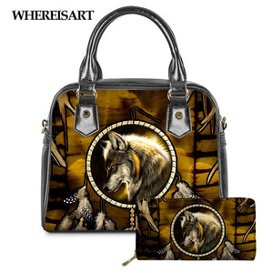 WHEREISART 2PCS Wolf Night Prints Women Shoulder/Messenger/Hand Bag Ladies Daily Top-handle Bag Tote Bag with Long Purse - DreamWeaversStore