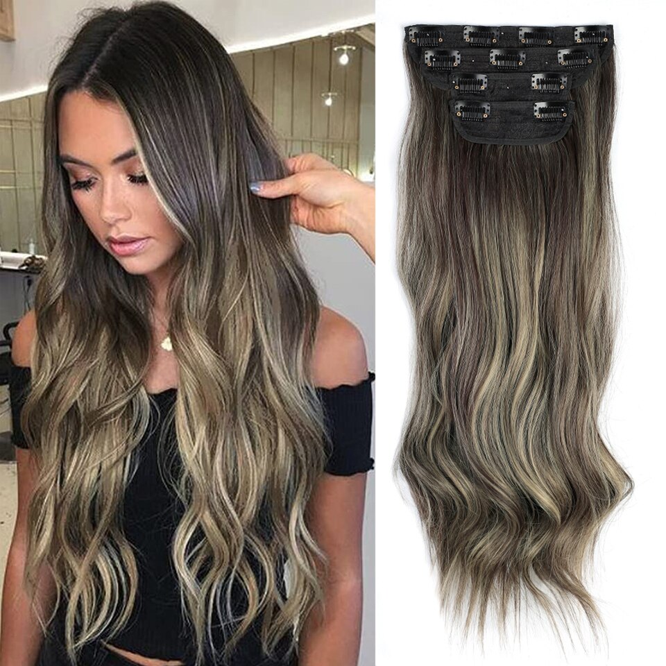 Lativ 4pcs/set Synthetic Long Wavy Hair Extensions Clip In Hair Extensions  Dark Brown Black Hairpiece High Temperature Fiber - DreamWeaversStore