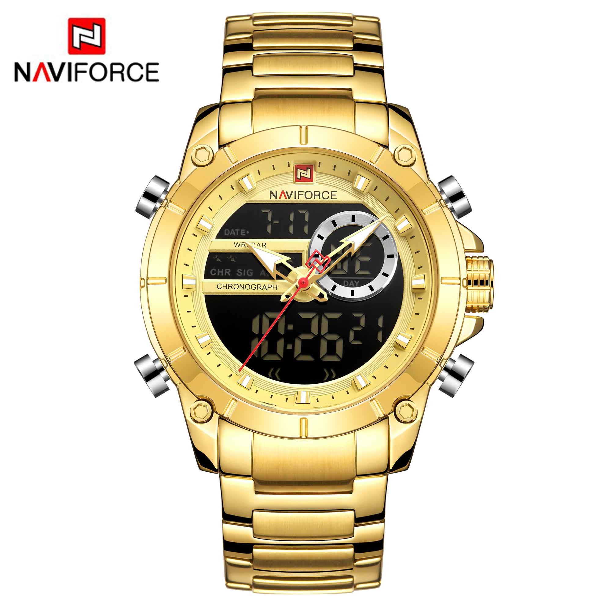 NAVIFORCE Men Military Sport Wrist Watch Gold Quartz Steel Waterproof Dual Display Male Clock Watches Relogio Masculino 9163 - DreamWeaversStore