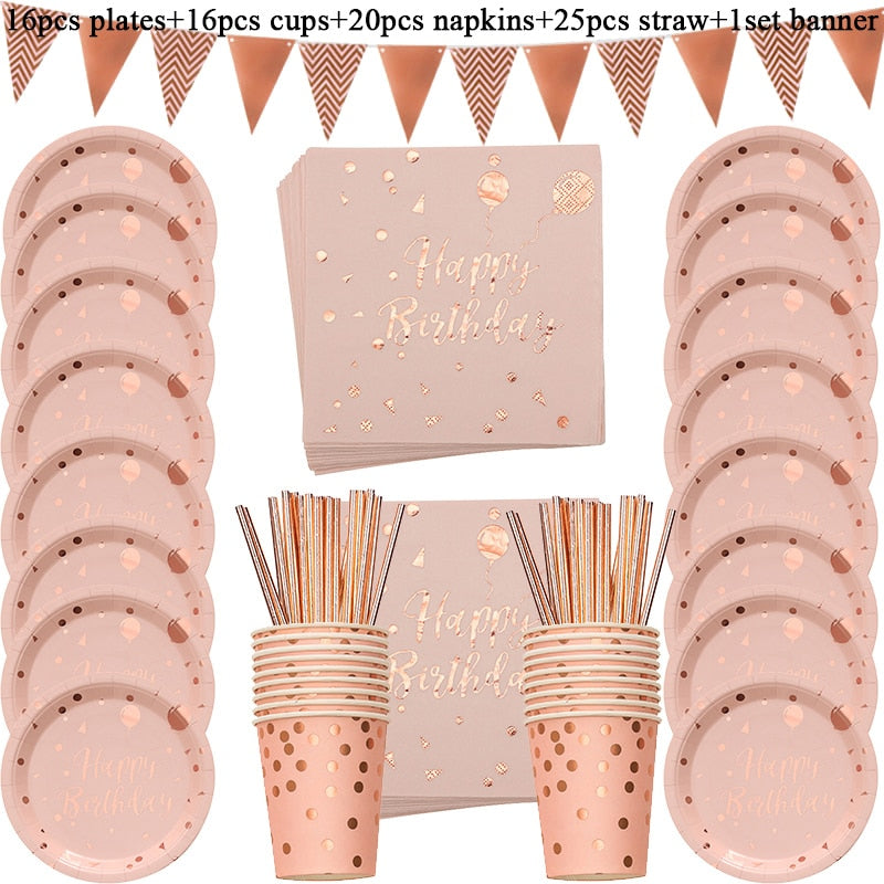 Rose Gold Birthday Decorations Disposable Tableware Set Paper Cup Adult Wedding Birthday Party Decorations Kids Babyshower Girl - DreamWeaversStore