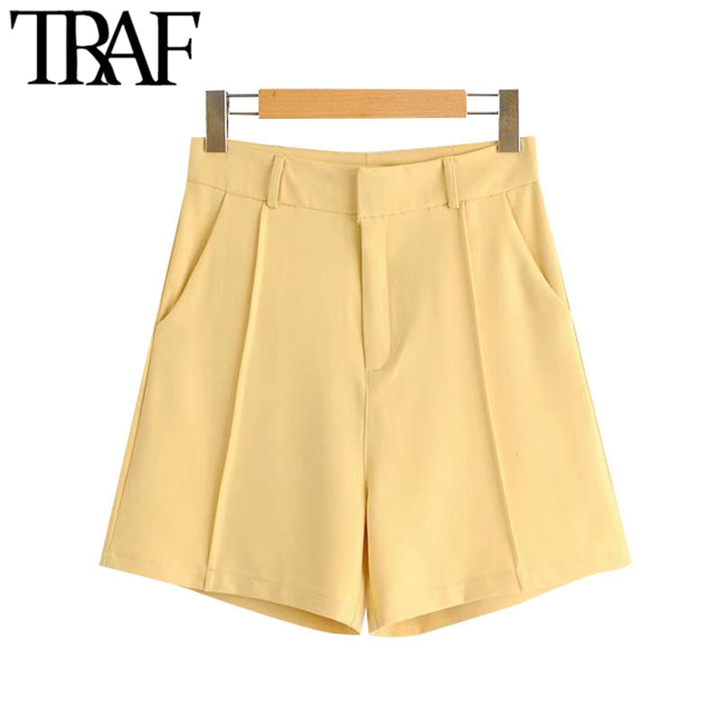 TRAF Women Chic Fashion Office Wear Side Pockets Straight Shorts Vintage High Waist Zipper Fly Female Short Pants Mujer - DreamWeaversStore