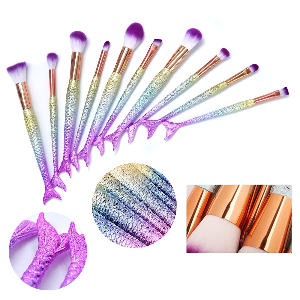 11pcs Mermaid Makeup Brushes Foundation Eyeliner Concealer Brushes Fish Tail Cosmetic brochas maquillaje Make up Brushes - DreamWeaversStore