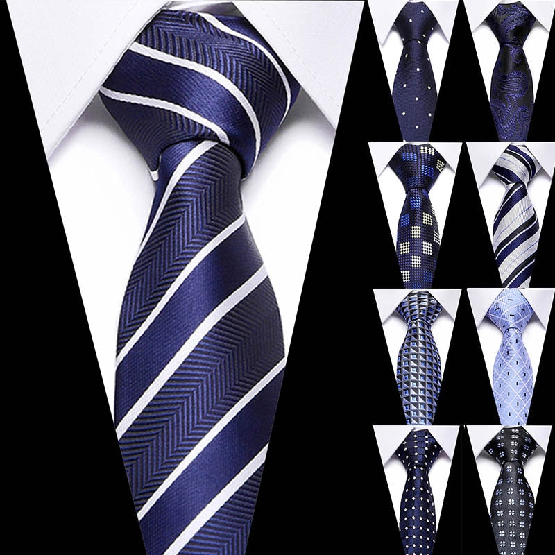 Male Dark Blue Striped  Luxury Tie 100% Silk Bussiness For Man Formal Wedding Party - DreamWeaversStore