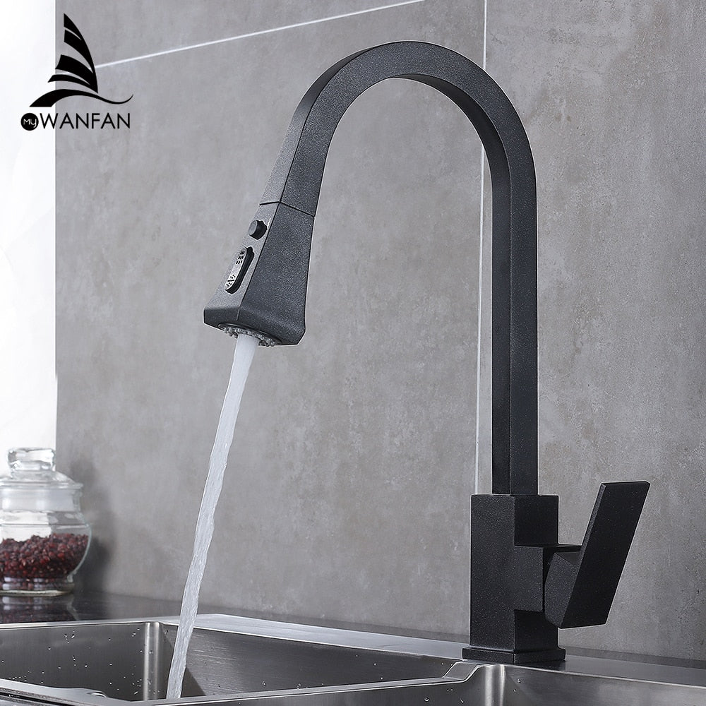 Kitchen Faucets Square Black Single Handle Pull Out Kitchen Tap Single Hole Swivel 360 Degree Rotation Water Mixer Tap 866399R - DreamWeaversStore