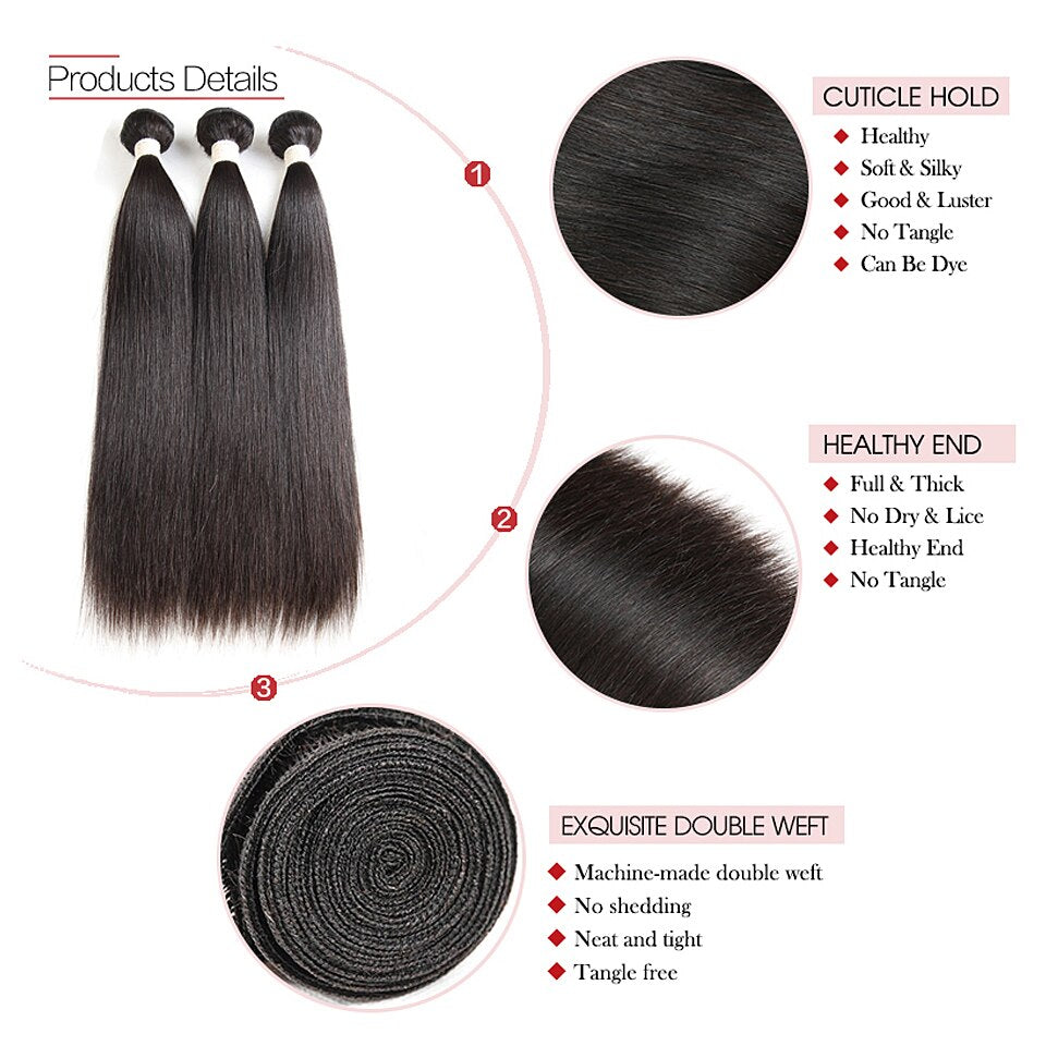 Sleek Brazilian Straight Human Hair Bundles With Closure Natural Color 3 Bundles With Closure 100% Natural Remy Hair Free Ship - DreamWeaversStore