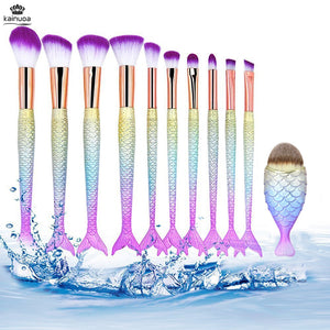 11pcs Mermaid Makeup Brushes Foundation Eyeliner Concealer Brushes Fish Tail Cosmetic brochas maquillaje Make up Brushes - DreamWeaversStore