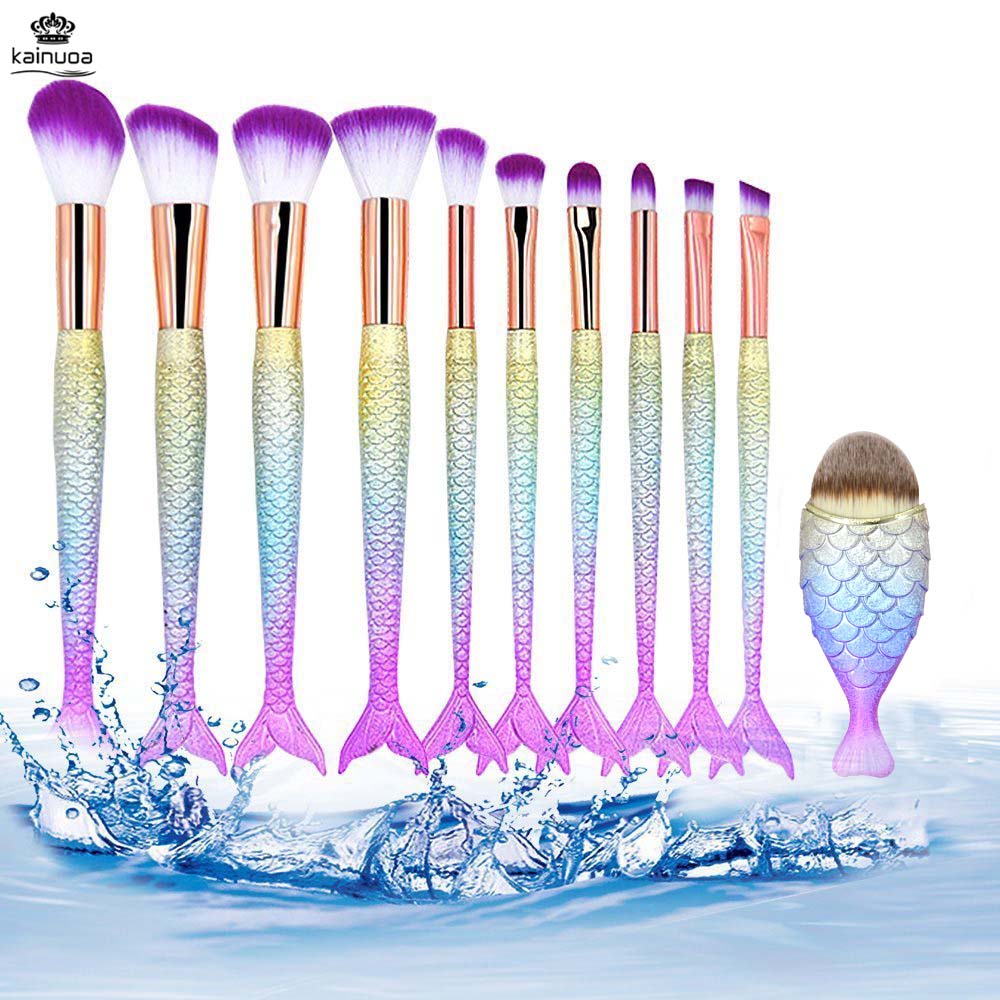 11pcs Mermaid Makeup Brushes Foundation Eyeliner Concealer Brushes Fish Tail Cosmetic brochas maquillaje Make up Brushes - DreamWeaversStore