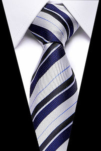 Male Dark Blue Striped  Luxury Tie 100% Silk Bussiness For Man Formal Wedding Party - DreamWeaversStore