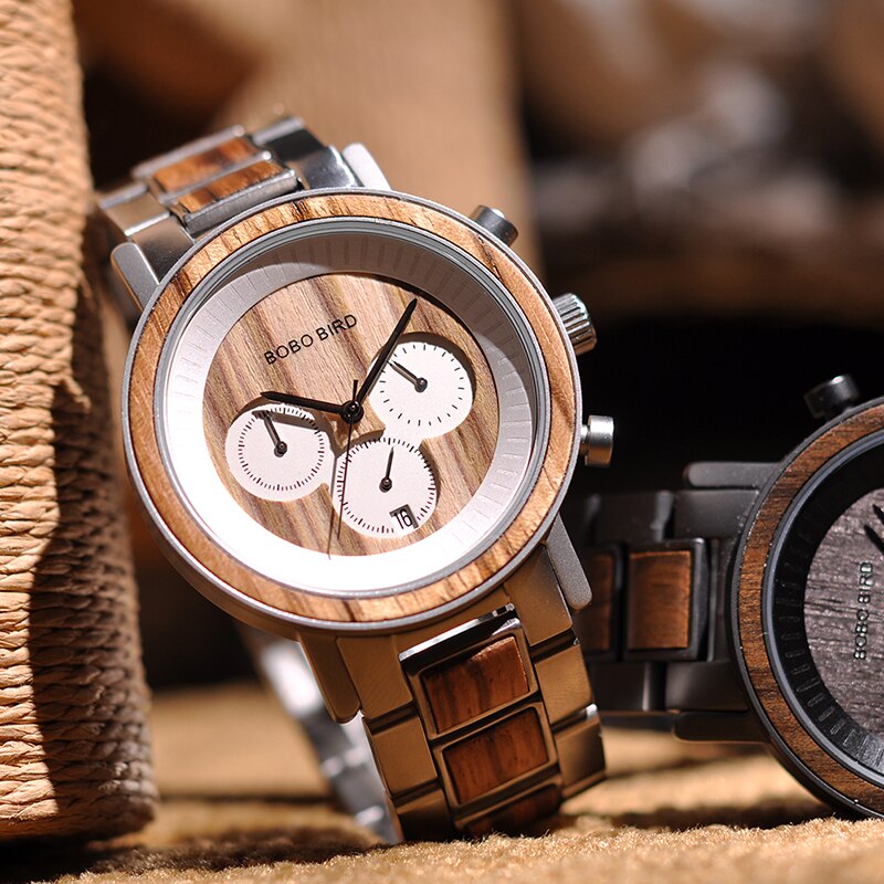 BOBO BIRD Stainless Steel Wooden Watch Chronograph Men Sport Waterproof Military Watches Relogio Masculino - DreamWeaversStore