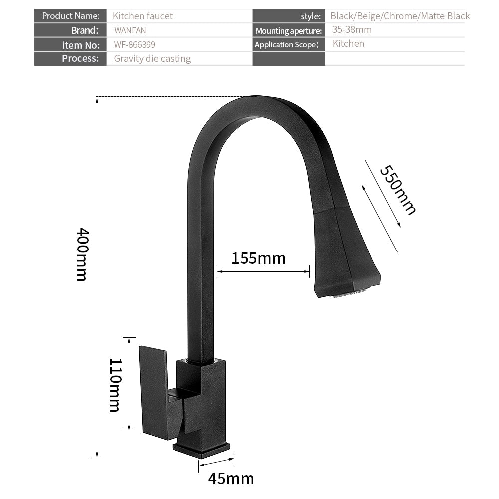 Kitchen Faucets Square Black Single Handle Pull Out Kitchen Tap Single Hole Swivel 360 Degree Rotation Water Mixer Tap 866399R - DreamWeaversStore