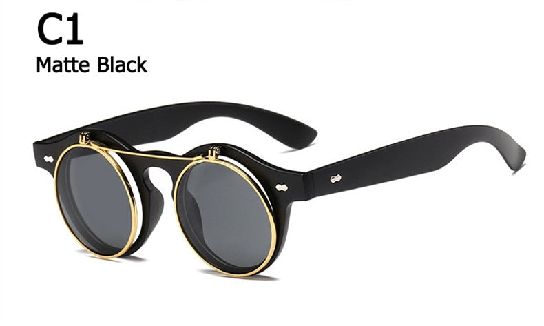 ZXRCYYL 2021 Vintage Round SteamPunk Flip Up Sunglasses Classic Double Layer Clamshell Design Fashion Sun Glasses Oculos De Sol - DreamWeaversStore