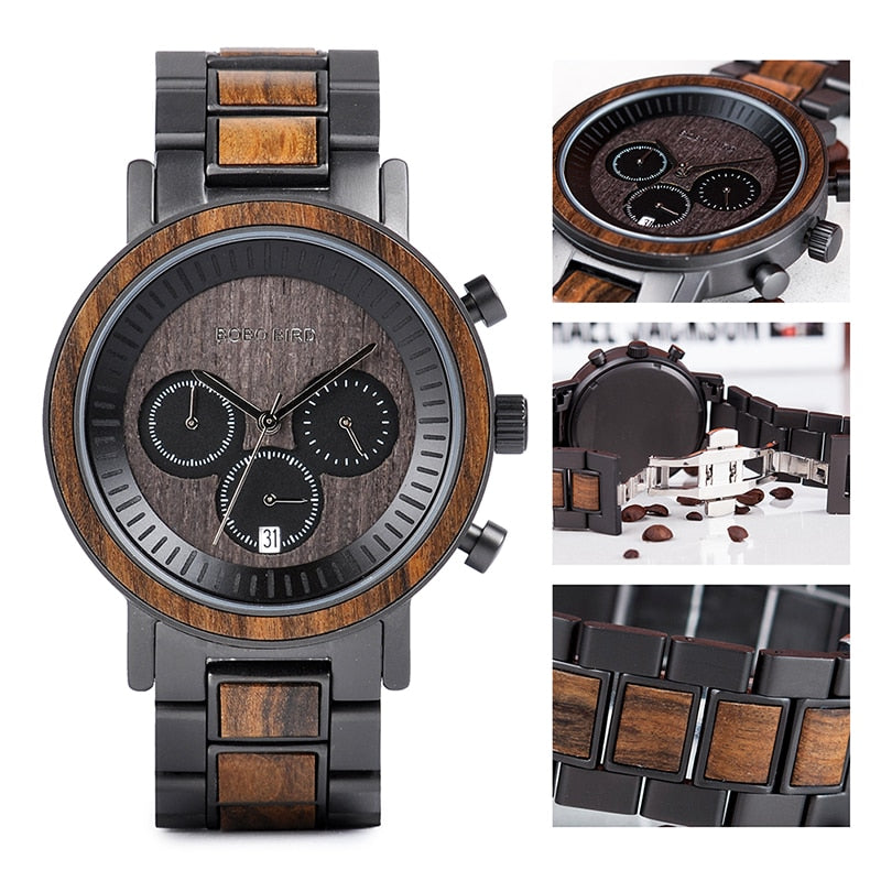 BOBO BIRD Stainless Steel Wooden Watch Chronograph Men Sport Waterproof Military Watches Relogio Masculino - DreamWeaversStore