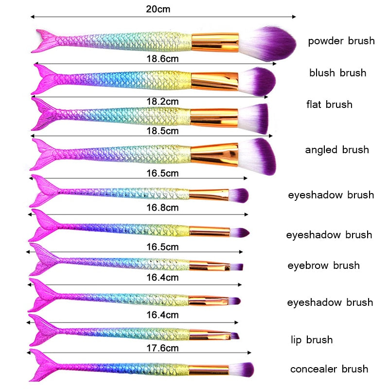 11pcs Mermaid Makeup Brushes Foundation Eyeliner Concealer Brushes Fish Tail Cosmetic brochas maquillaje Make up Brushes - DreamWeaversStore