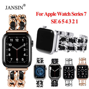 Strap For Apple Watch Series 7 41mm 45mm Chain Link Leather Bracelet For Apple Watch Band 42mm 44mm 40mm 38mm Watchband SE 6 5 4 - DreamWeaversStore