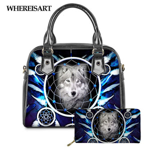 WHEREISART 2PCS Wolf Night Prints Women Shoulder/Messenger/Hand Bag Ladies Daily Top-handle Bag Tote Bag with Long Purse - DreamWeaversStore