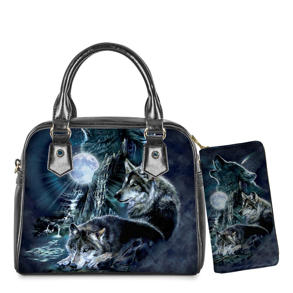 WHEREISART 2PCS Wolf Night Prints Women Shoulder/Messenger/Hand Bag Ladies Daily Top-handle Bag Tote Bag with Long Purse - DreamWeaversStore