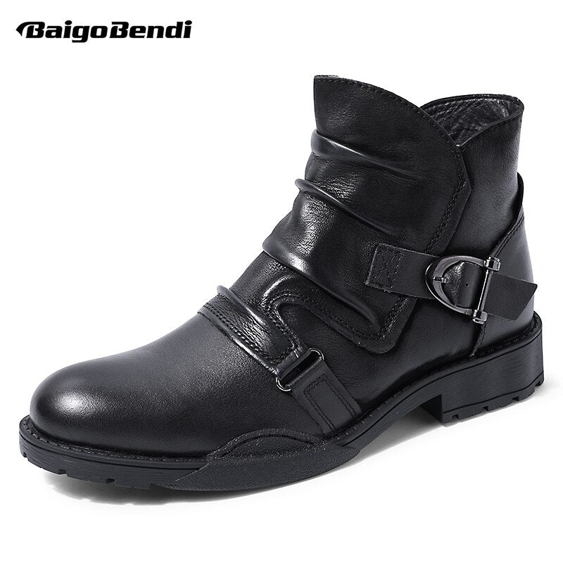 MUST BUY!! Trendy Buckle Belt Boots Men Full Grain Leather Casual Boots Handsome Man Fold Chelsea Boots Luxery - DreamWeaversStore