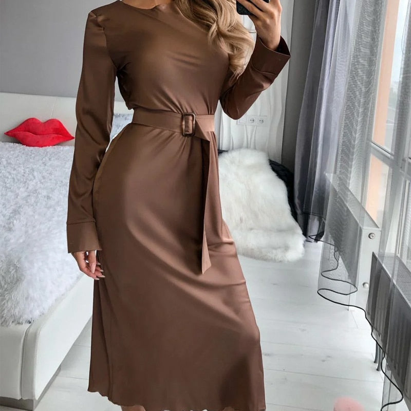 Women Summer Dress Satin Straight Midi Party Club Belt Long Dress Elegant Fashion Bandage Bodycon 2021 - DreamWeaversStore