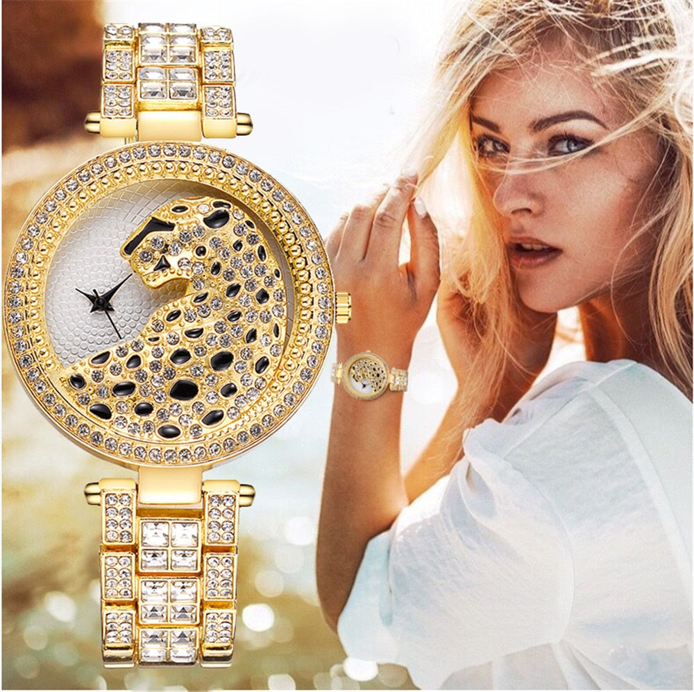 Women Gold Leopard Watch Luxury Fashion Bling Ladies Watch Casual Female Quartz Watch Crystal Diamond For Women Clock - DreamWeaversStore