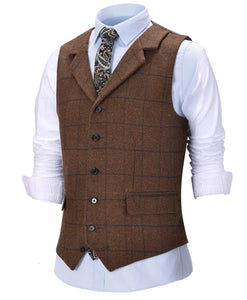 Casual Gentleman Men's Army Green Vest Plaid Soft Wool Brown Jacket Tweed Business Waistcoat For Groosmen Best Man Wedding - DreamWeaversStore