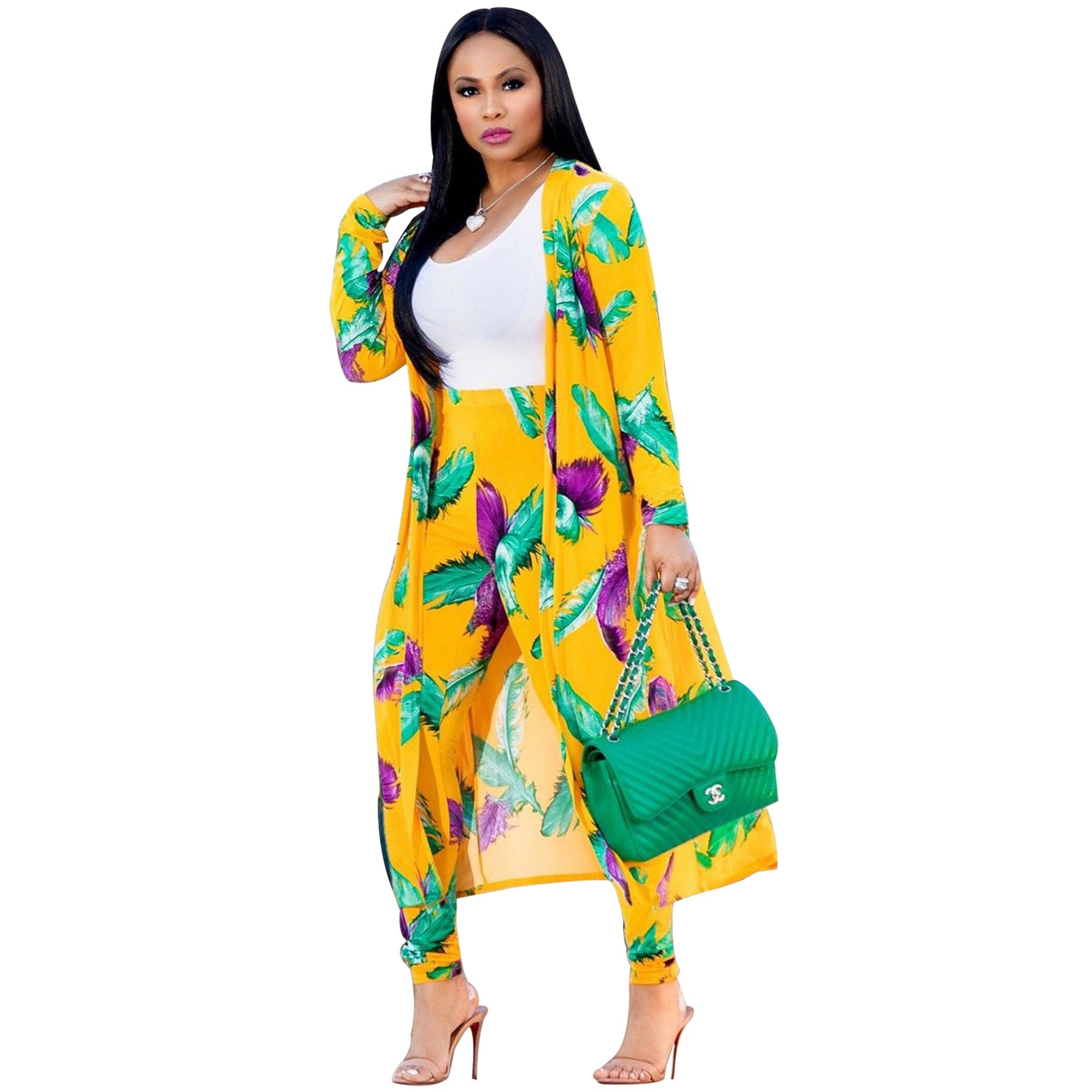 2 Piece Outfits for Women Printed Long Sleeves Coat and Full Length Pants Plus Size Two Piece Set - DreamWeaversStore