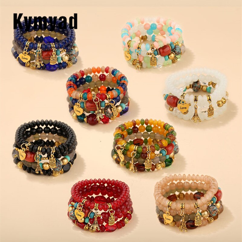 Kymyad Candy Color Multilayer Bohemia Bracelets Resin Beads Stone Bracelets For Women Bijoux Owl Charm Bracelet Femme Jewelry - DreamWeaversStore