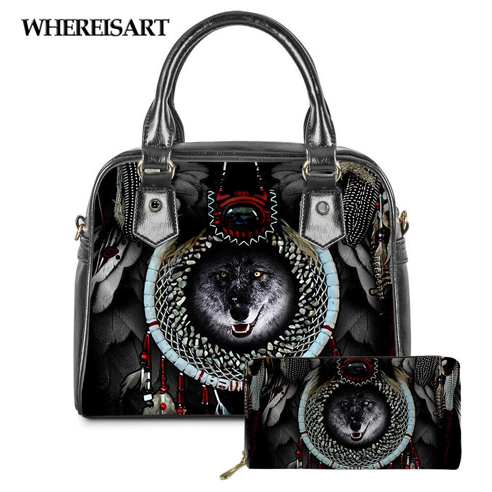 WHEREISART 2PCS Wolf Night Prints Women Shoulder/Messenger/Hand Bag Ladies Daily Top-handle Bag Tote Bag with Long Purse - DreamWeaversStore