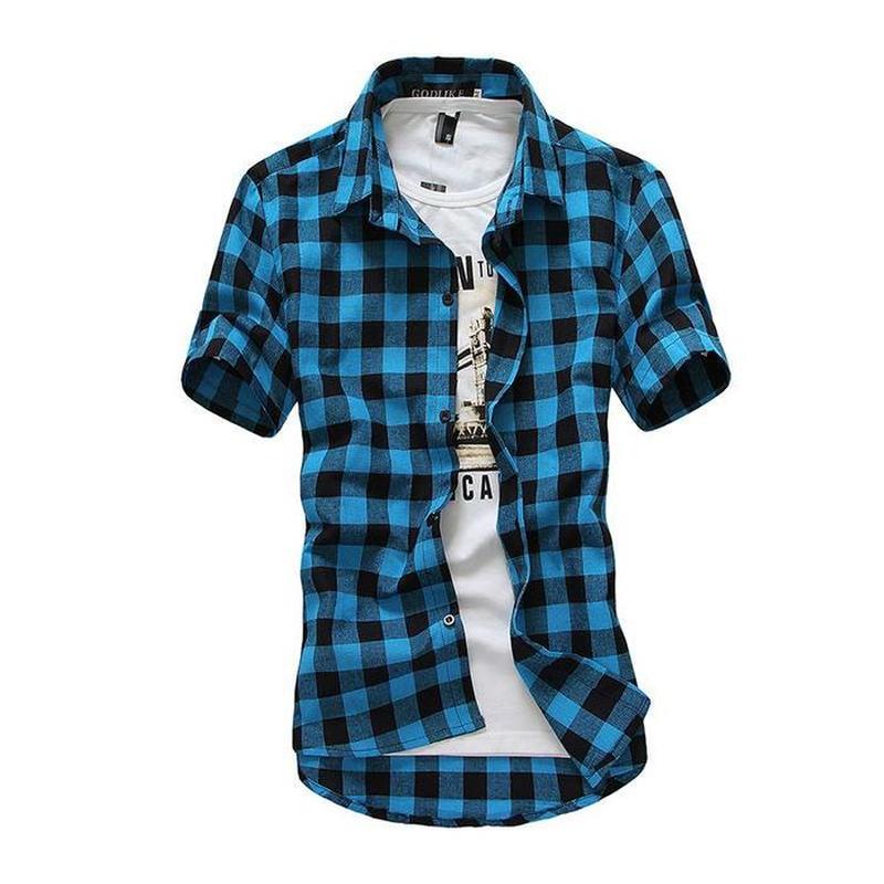 Mens Check Shirt Flannel Brushed Cotton Short Sleeves Casual Slim Fit Top Plus Size - DreamWeaversStore