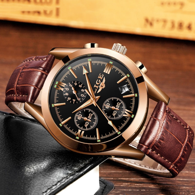 2022 LIGE New Fashion Mens Watches Top Brand Luxury Military Quartz Watch Premium Leather Waterproof Sport Chronograph Watch Men - DreamWeaversStore