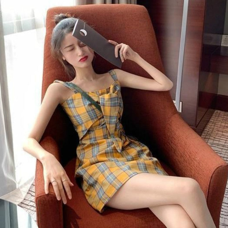 Sleeveless Dress Women Plaid High Waist A-line Kawaii Simple Casual Slim Streetwear Sweet Hot Sale Elegant Womens Summer Sexy - DreamWeaversStore