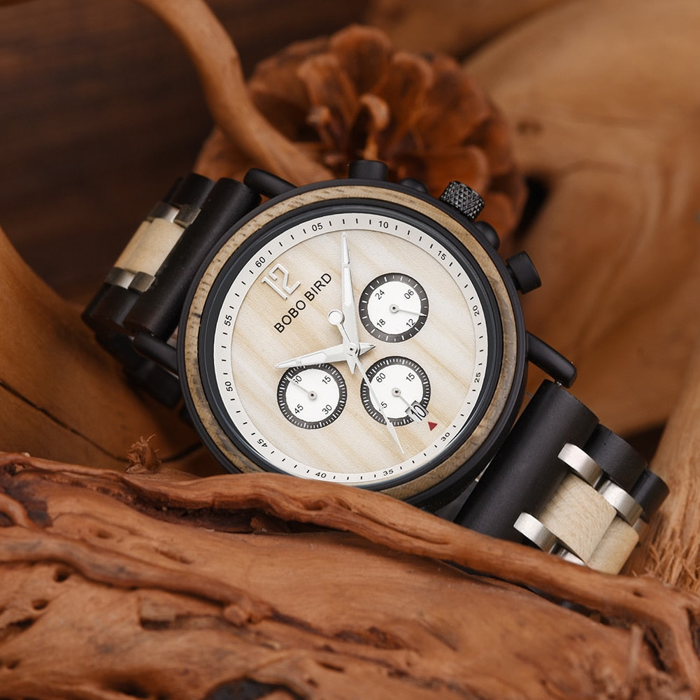 Relogio Masculino BOBO BIRD Wooden Watch Men Top Brand Luxury Stylish Chronograph Military Watches in Wooden Box reloj hombre - DreamWeaversStore